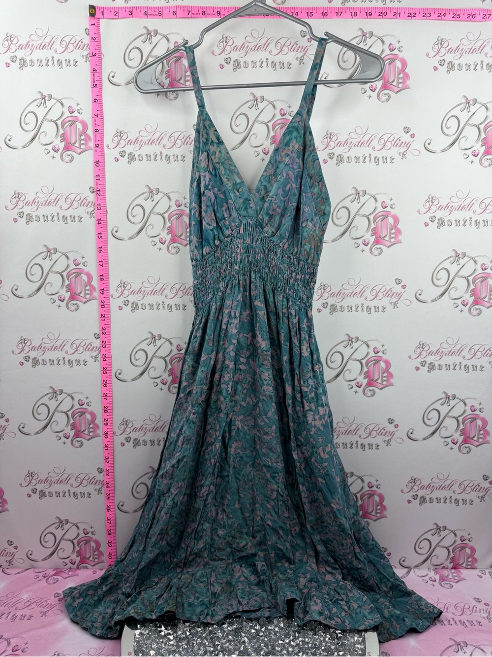 YOUNG FASHION dress tie dye Teal Floral V-Neck Maxi Dress smock Smocked Waist